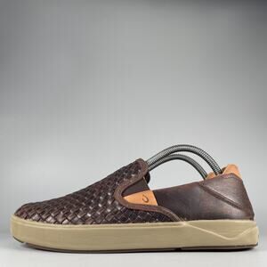 OluKai Lae‘ahi Lauhala Men's Size 8 Brown Woven Leather Slip On Shoe Sneaker EUC